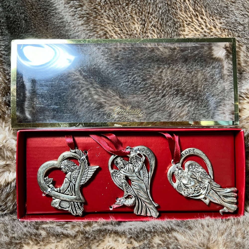 (3) Gorham Silverplated Angel Ornaments - Peace Hope Love